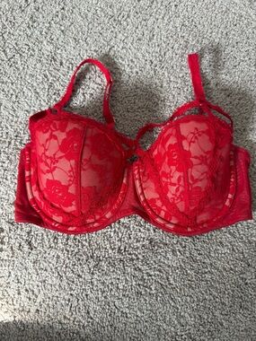 Adore Me Red Lace Underwire Bra with Floral Mesh